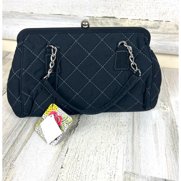 Vera Bradley Women’s Black Quilted Handle Bag Silver Strap Ball Lock Closure NWT - Picture 1 of 9